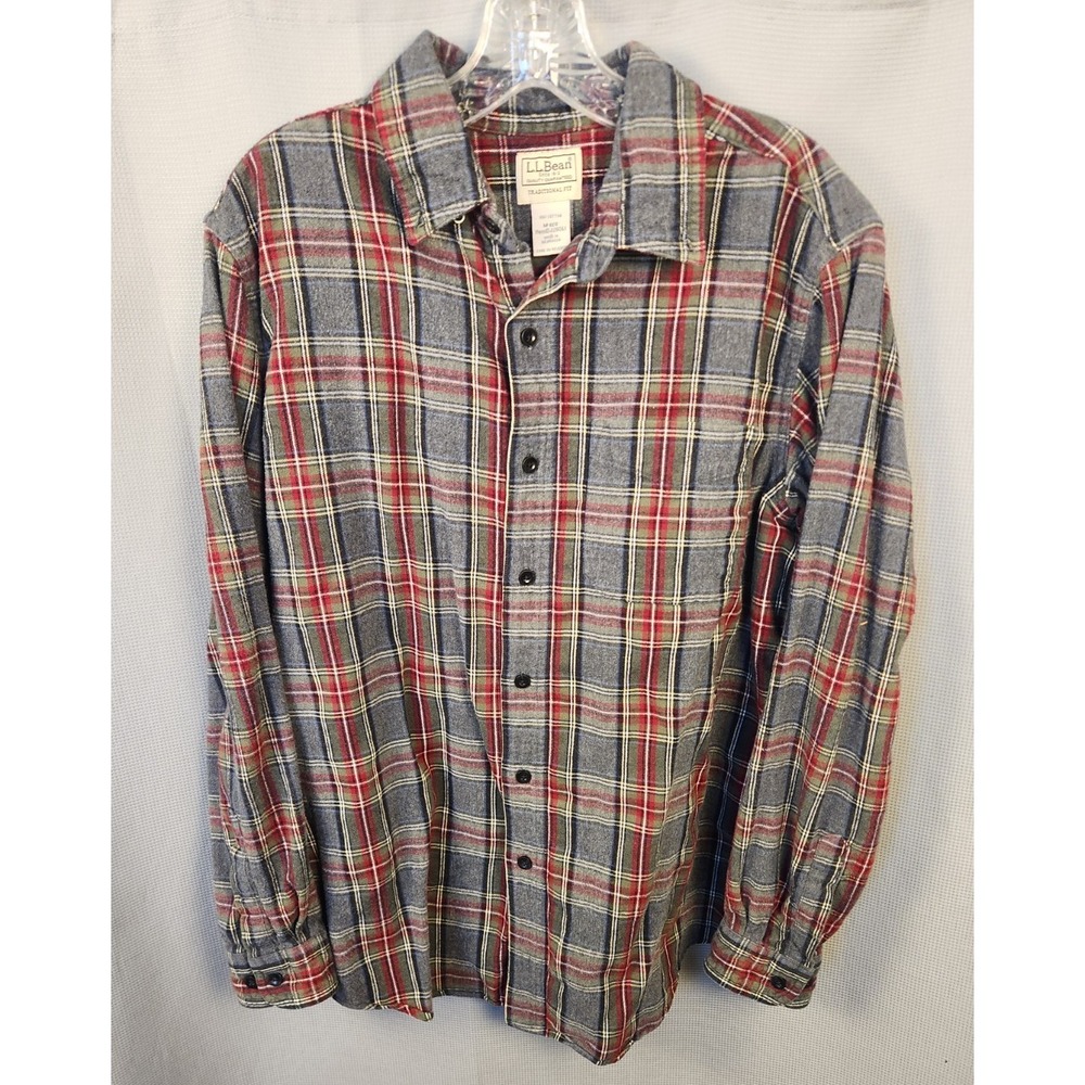 LL Bean Shirt Men Extra Large Gray Red Scotch Plaid Flannel‎ Button Up Adult Med